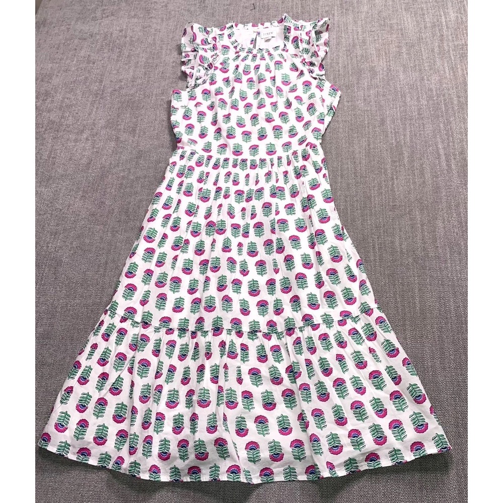J.Crew A-Line Dress Womens 00 White Floral Cotton Ruffle Cap Sleeve Side Zip